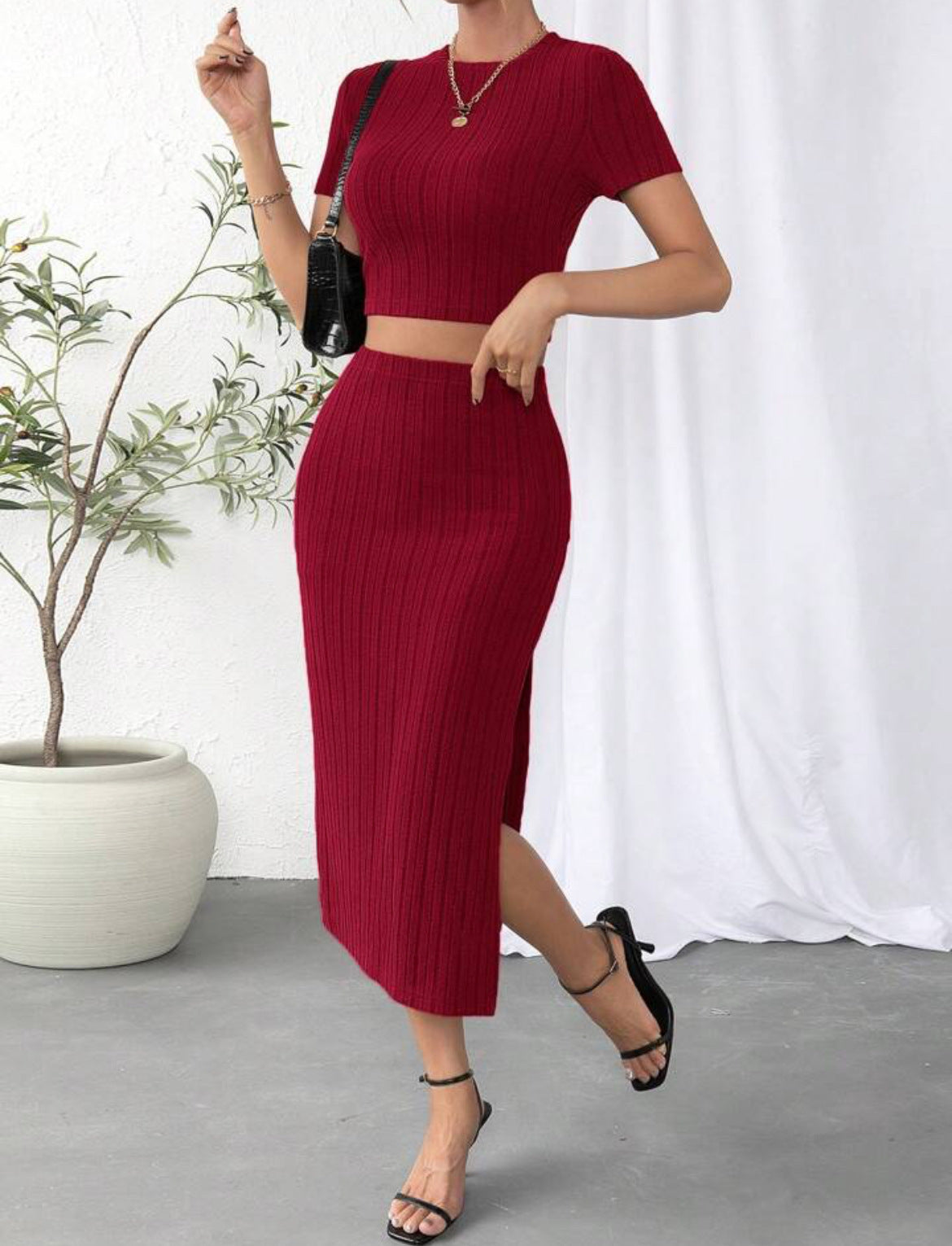 Women's Fashion High Waist Ribbed Knit Skirt Set – Elegant Midi Co-ord