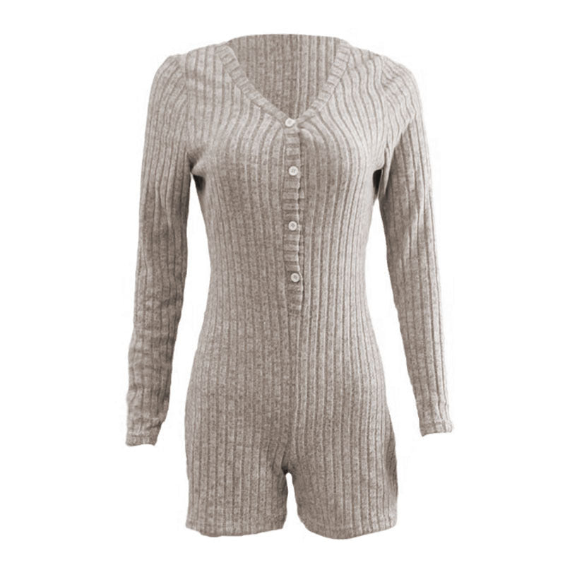 Ribbed Button-Front Romper – Sexy Long Sleeve Intimate Loungewear