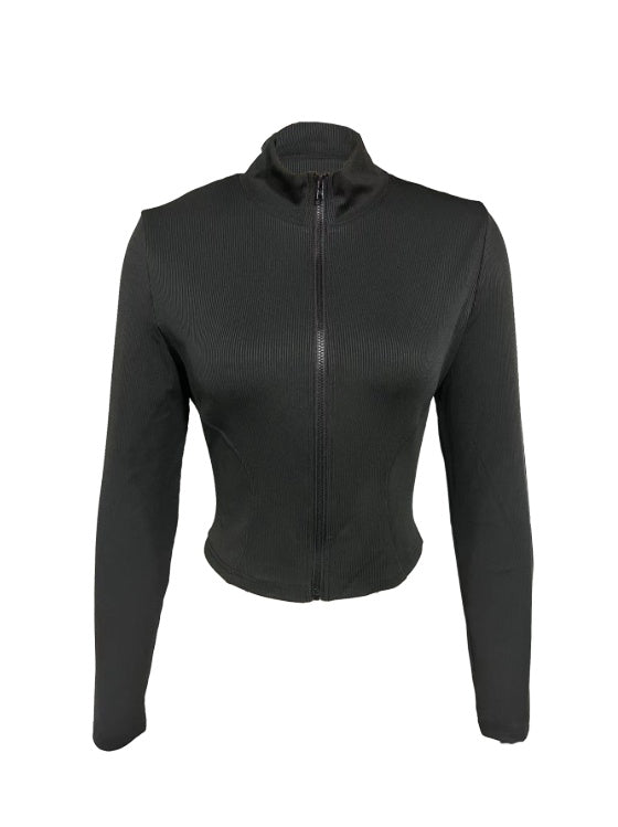 Cropped Zip-Up Track Jacket – Sleek Black Activewear Layer