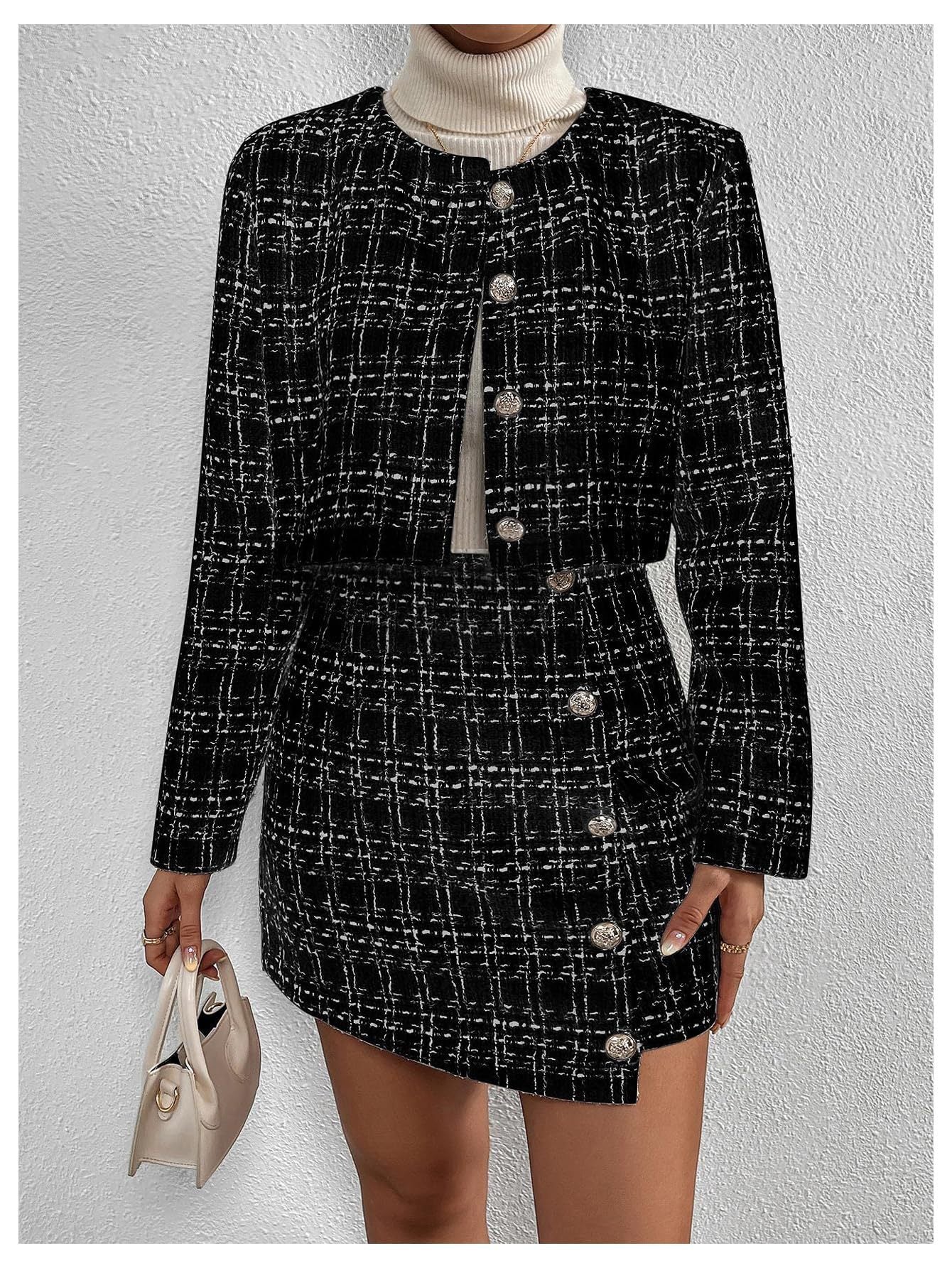 Woman Luxe Tweed Skirt Set – Elegant  with Cropped Blazer Sexy