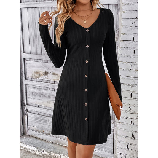 Women's Fashion Everyday Button-Down Dress – Classic Black Ribbed Style