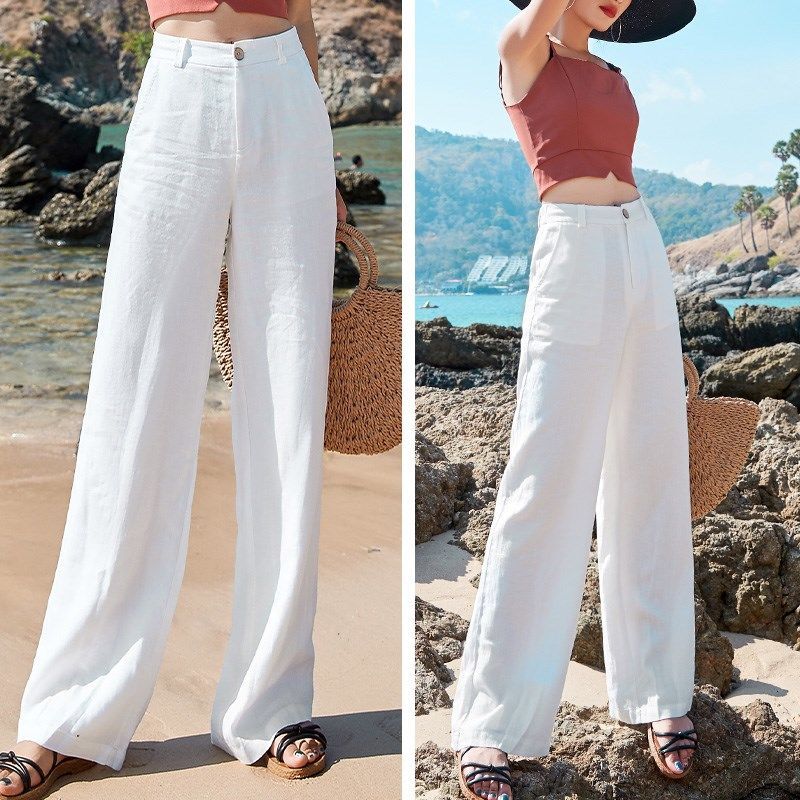High-Waisted Linen Beach Trousers – White Wide-Leg Summer Pants