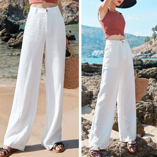 High-Waisted Linen Beach Trousers – White Wide-Leg Summer Pants