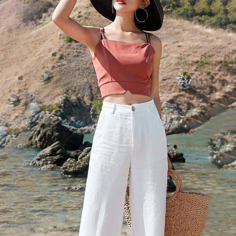 High-Waisted Linen Beach Trousers – White Wide-Leg Summer Pants