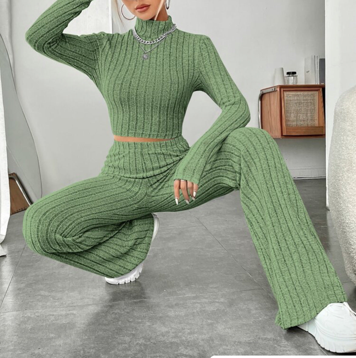 Ribbed Knit Lounge Set – Cozy  Homewear in Sage Green