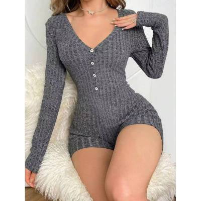 Ribbed Button-Front Romper – Sexy Long Sleeve Intimate Loungewear