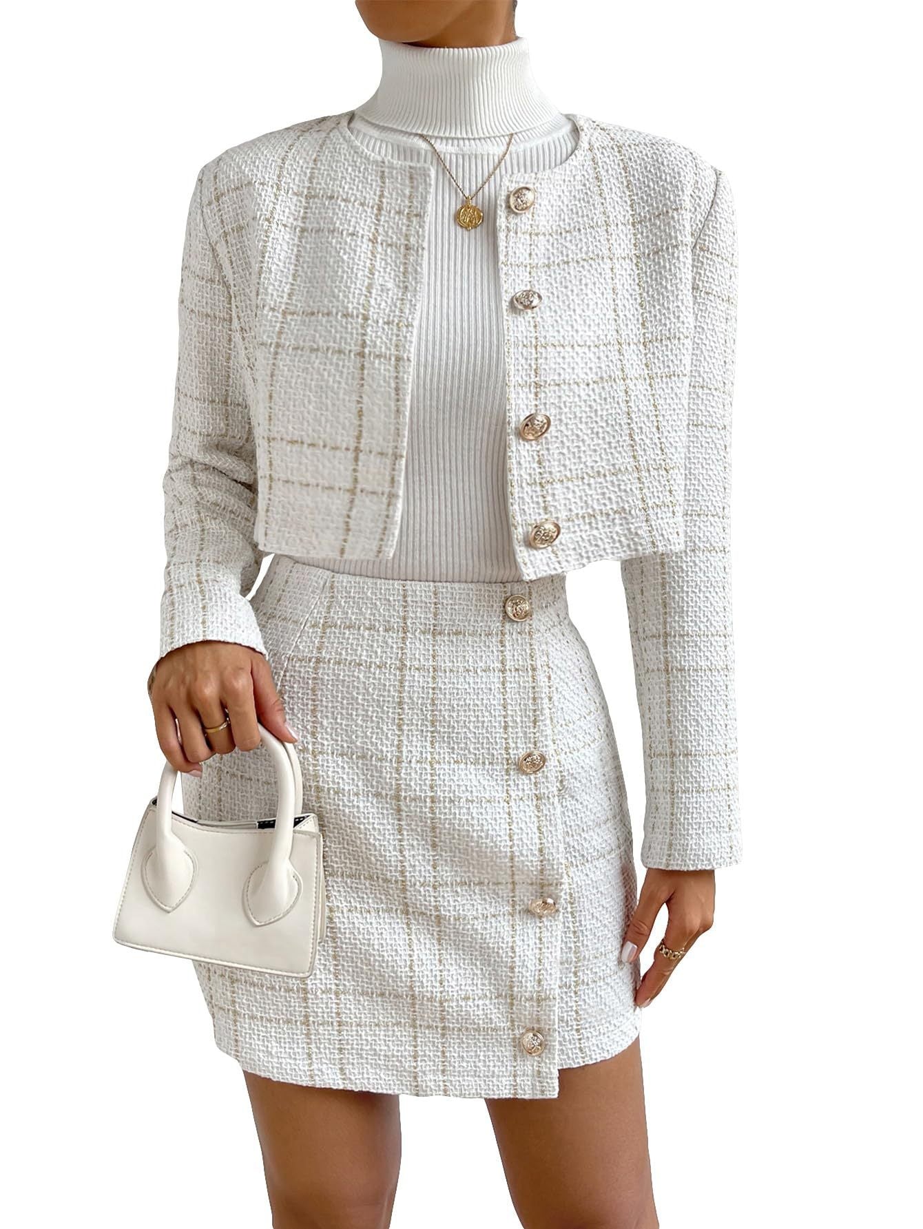 Woman Luxe Tweed Skirt Set – Elegant  with Cropped Blazer Sexy