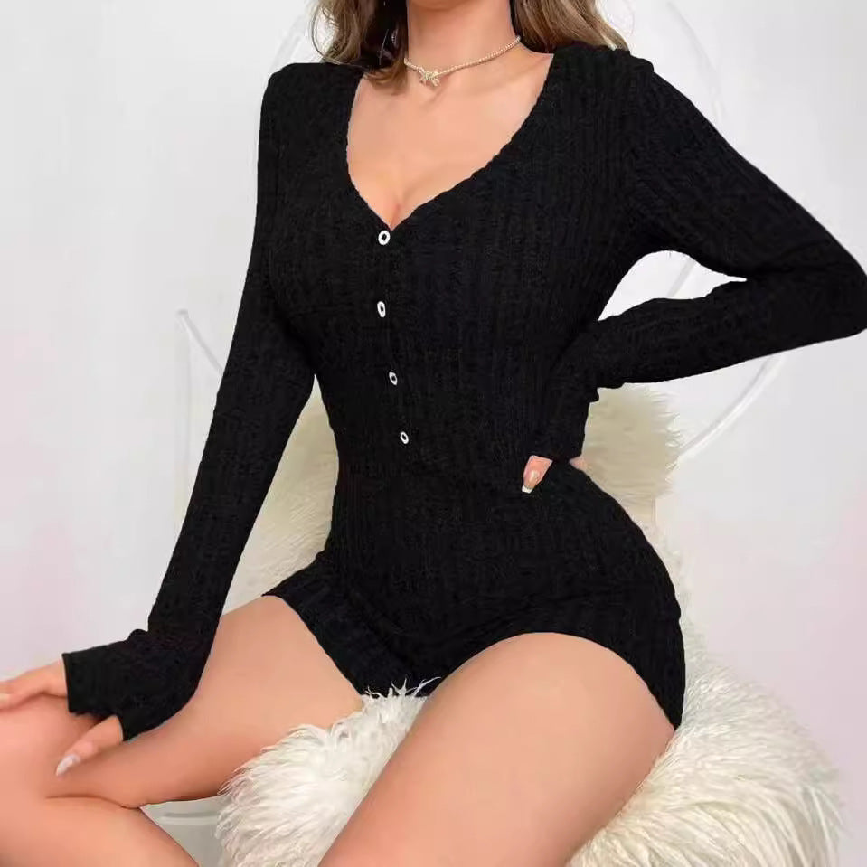 Ribbed Button-Front Romper – Sexy Long Sleeve Intimate Loungewear