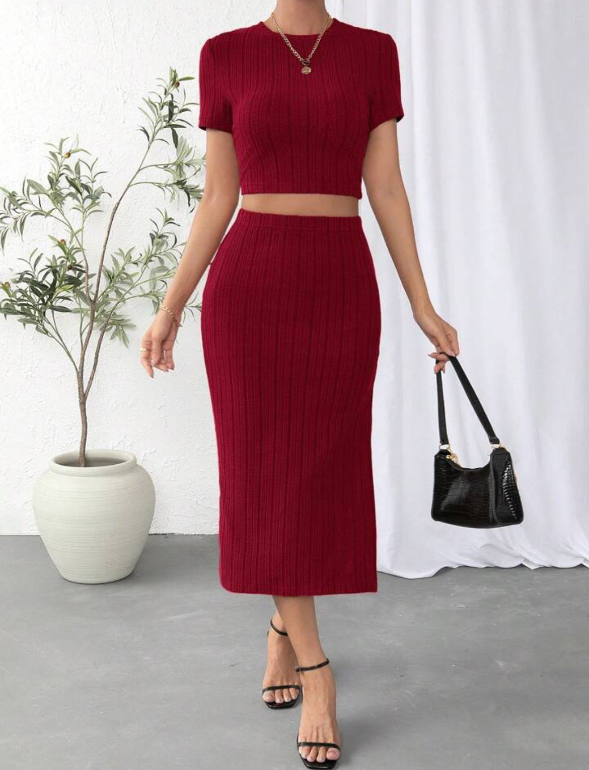 Women's Fashion High Waist  Ribbed Knit  Skirt Set – Elegant Midi Co-ord
