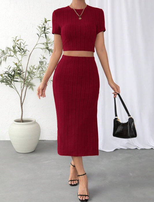 Women's Fashion High Waist  Ribbed Knit  Skirt Set – Elegant Midi Co-ord