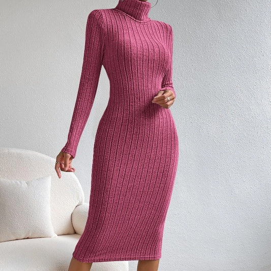 Ribbed Knit Turtleneck Dress – Elegant Warm Midi for Day & Night