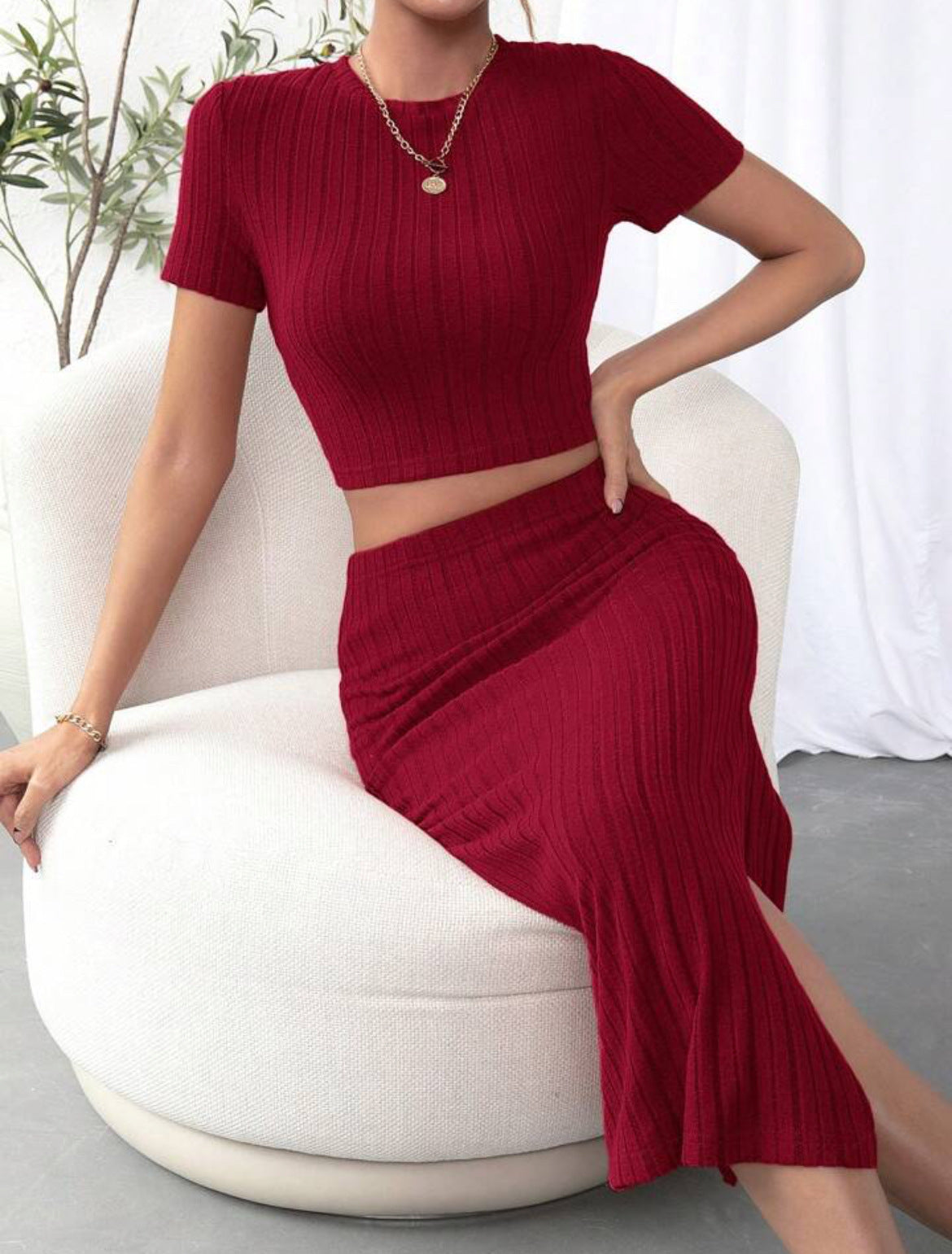 Women's Fashion High Waist  Ribbed Knit  Skirt Set – Elegant Midi Co-ord