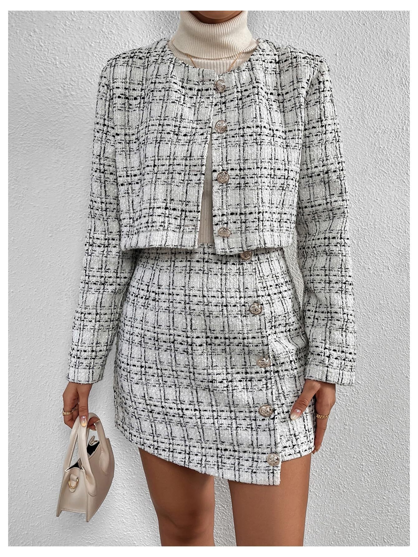 Woman Luxe Tweed Skirt Set – Elegant  with Cropped Blazer Sexy